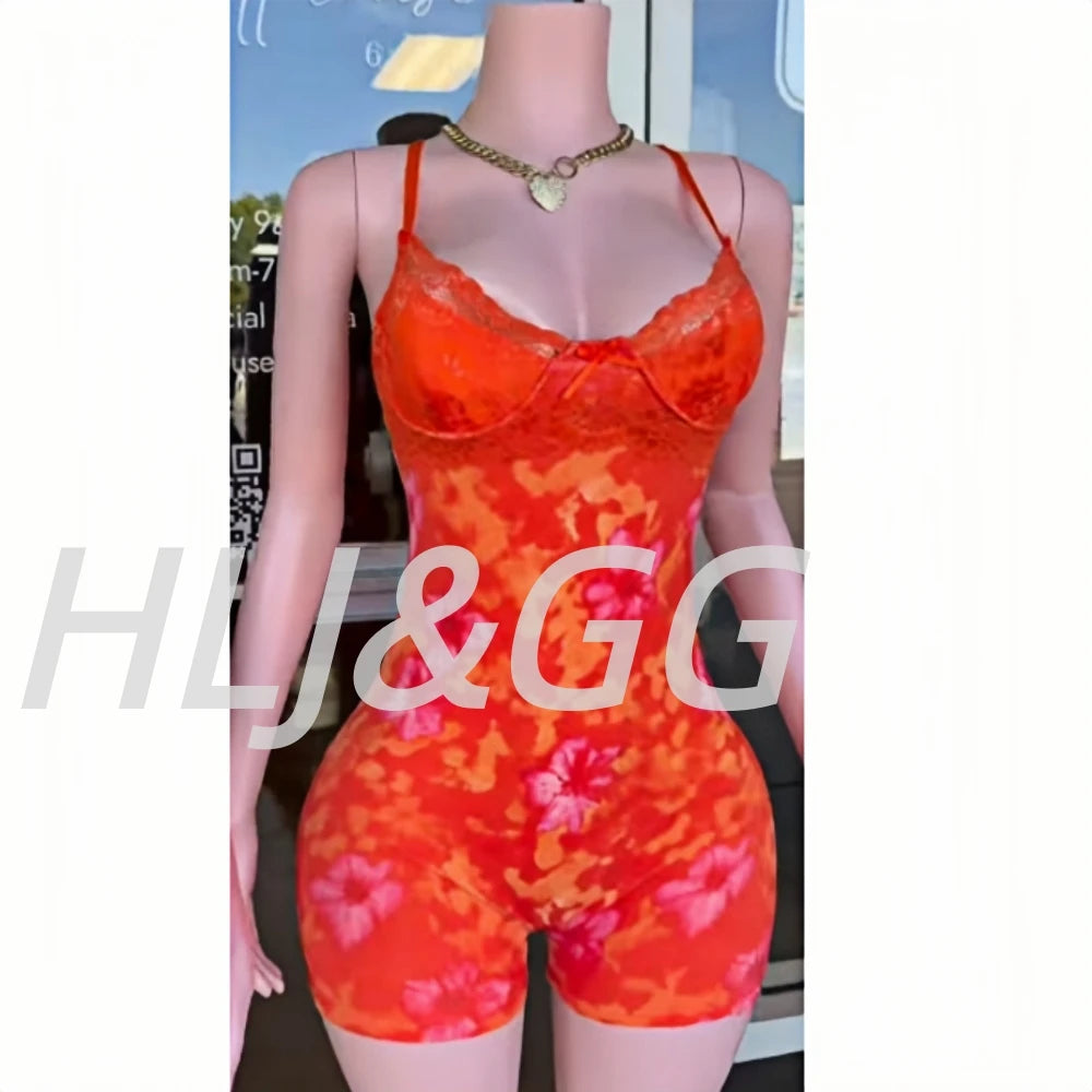 HLJ&GG Vintage Flowers Print Mesh Spaghetti Strap Bodycon One Piece Rompers Women V Neck Sleeveless Jumpsuits Fashion Overalls