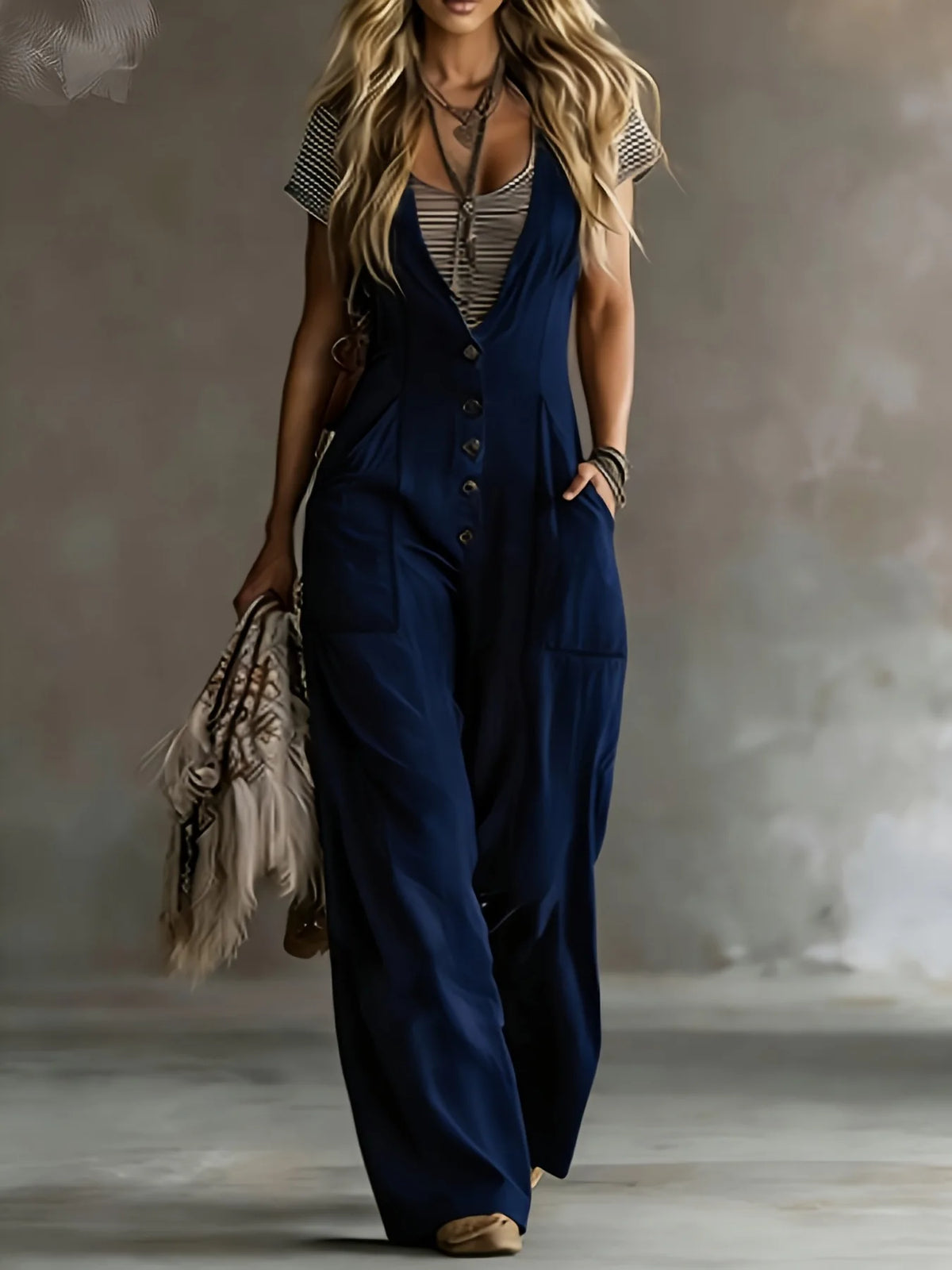 Women's Solid Color Jumpsuit Summer Fashion V-neck Button Semi Open Design Loose Jumpsuits With Pocket Ladies Office Overalls