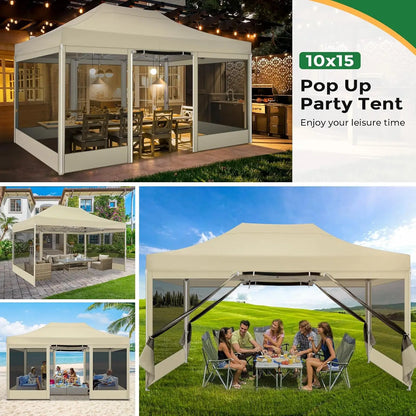 10x15 Pop Up Canopy with 4 Sidewalls, Heavy Duty Gazebo Tent, Mosquito Netting, Easy Setup, Khaki