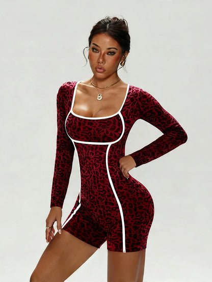 Women's Leopard Print Jumpsuit, Sexy One-Piece Long-Sleeve Bodysuit, Short Jumpsuit for Yoga & Gym, Black Streetwear