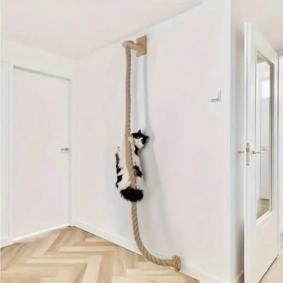 Wall Mounted Cat Sisal Rope Scratching Rope Wooden Cat Climbing Perch Heavy Duty Reinforced Cat Wall Furniture Chew Resistant Durable Cat Scratcher Toy For Indoor Cats