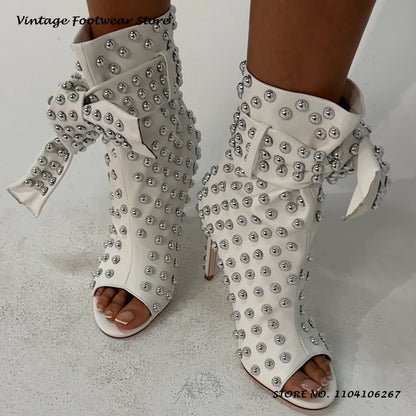 Studded Embellished Summer Boots Chic Round Open Toe Thin Heels Party Outfits Shoes Women's Fashion Casual Lace-up Ankle Boots