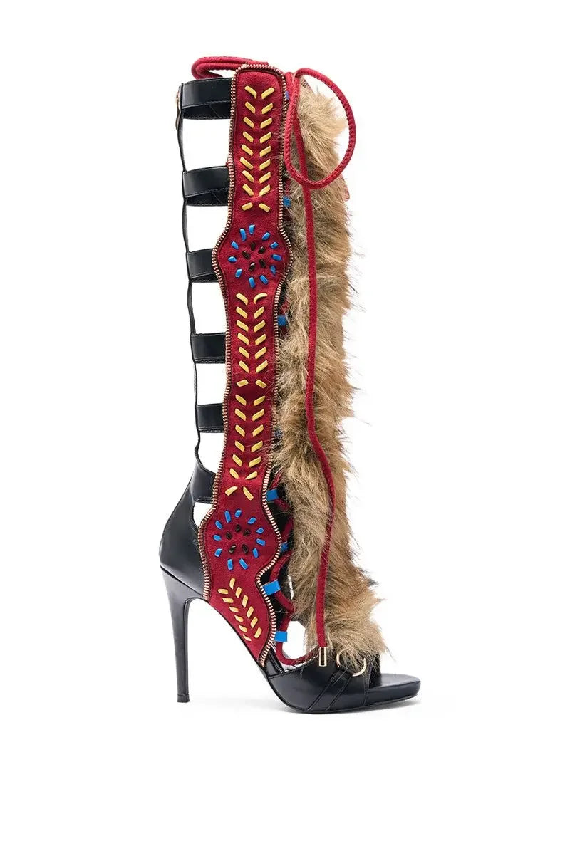 Thin High Heel Peep Toe Design Fluffy Sandals Women Fashion Strap Ankle Feather Sandals Zip Summer Show New Shoes Embroidery
