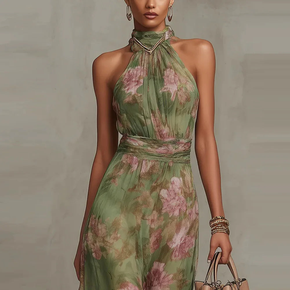 SINGREINY Elegant Green Floral Halter Chiffon Maxi Dresses Trendy Sleeveless A-line 2026 Women Floral Wedding Guest Party Dress