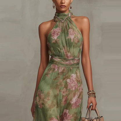 SINGREINY Elegant Green Floral Halter Chiffon Maxi Dresses Trendy Sleeveless A-line 2026 Women Floral Wedding Guest Party Dress