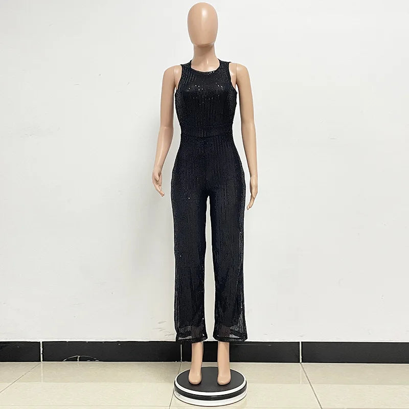 Bling Bling Sequined Club Jumpsuit Sexy Women O-neck Elegant Shiny Sliver Gold Sequins Straight Romper Overalls
