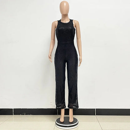 Bling Bling Sequined Club Jumpsuit Sexy Women O-neck Elegant Shiny Sliver Gold Sequins Straight Romper Overalls