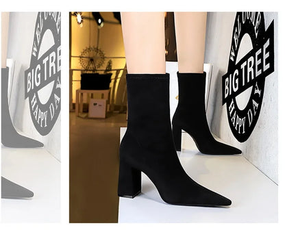 BIGTREE Shoes High Heel Boots Suede Women Ankle Boots Pointed Toe Socks Boots Thick Heel Women Shoes Warm Winter Boots Size 43