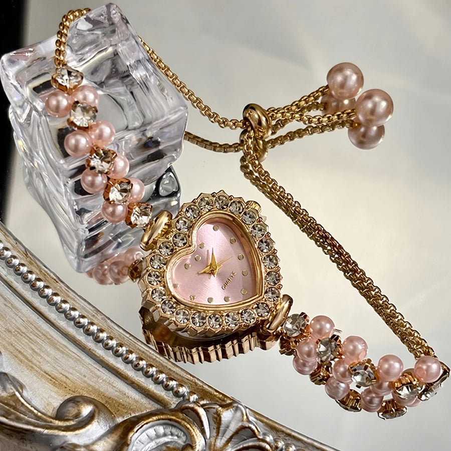 Elegant Heart-Shaped Watch with Double-Row Diamond Pearl Bracelet & Drawstring Closure