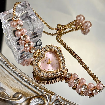 Elegant Heart-Shaped Watch with Double-Row Diamond Pearl Bracelet & Drawstring Closure