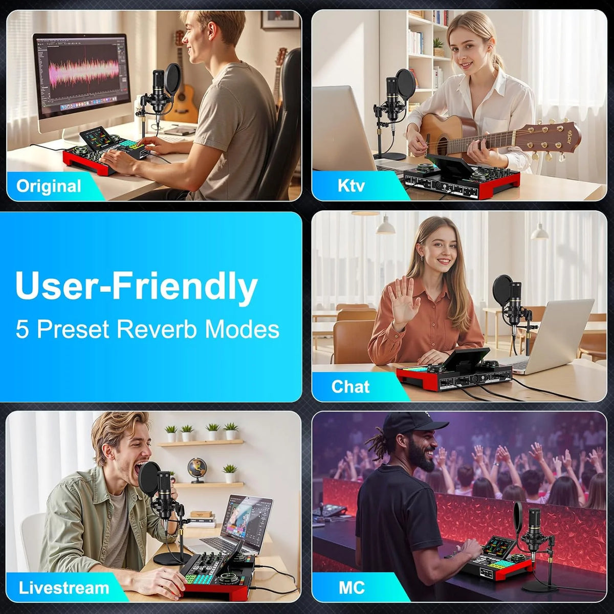 Tenlamp Podcast Equipment Bundle for 4 People, G10-BM800 Live Sound Card Audio Mixer Kit with Voice Changer, Bluetooth DJ Sound Board for PC Smartphone Laptop, Studio Recording Streaming Gaming Karaoke YouTube Vlog