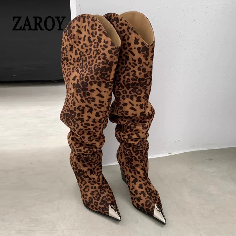 ZAROY Punk Metal Pointed Toe Knee High Boots Women Winter Retro Leopard Print Square Low Heels Pleated Western Cowboy Long Botas