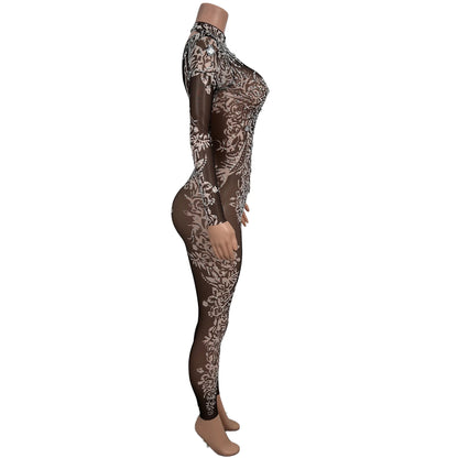 sexy long sleeves night club party rhinestone jumpsuits women birthday prom bodycon rompers show dance bodysuit festival outfit