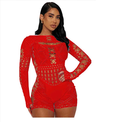 HBLL Sexy Sheer Mesh Playsuit Women Rompers Long Sleeve Hollow Out Skinny Night Club Outfit One Pieces Jumpsuit Shorts Bodysuit