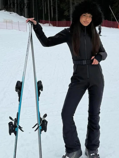 Chic Hooded One Piece Women's Winter Ski Suits Belt Stand Collar High Waist Pockets Overall Jumpsuits 2026 New Lady Warm Skiwear
