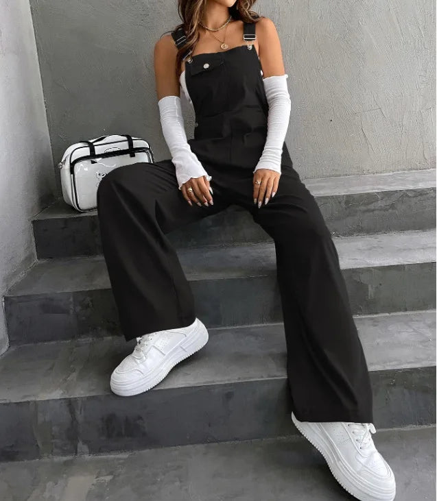 Women's Casual Bib Overalls Adjustable Shoulder Strap Pocket Wide Leg Jumpsuit Loose Straight Women Streetwear Suspender Pants