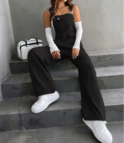Women's Casual Bib Overalls Adjustable Shoulder Strap Pocket Wide Leg Jumpsuit Loose Straight Women Streetwear Suspender Pants