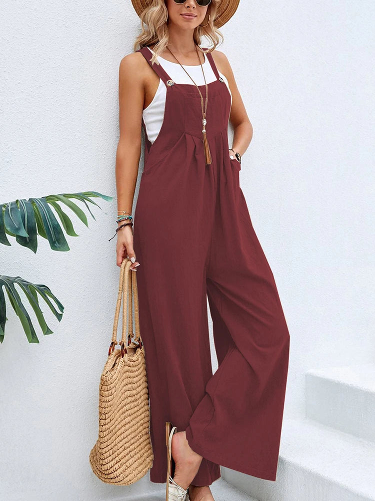 Women Casual Straps Jumpsuits Summer Autumn Harajuku Slim Wide Leg Trousers Dungaree Bib Overalls Elegant Sleeveless BF Jumpsuit