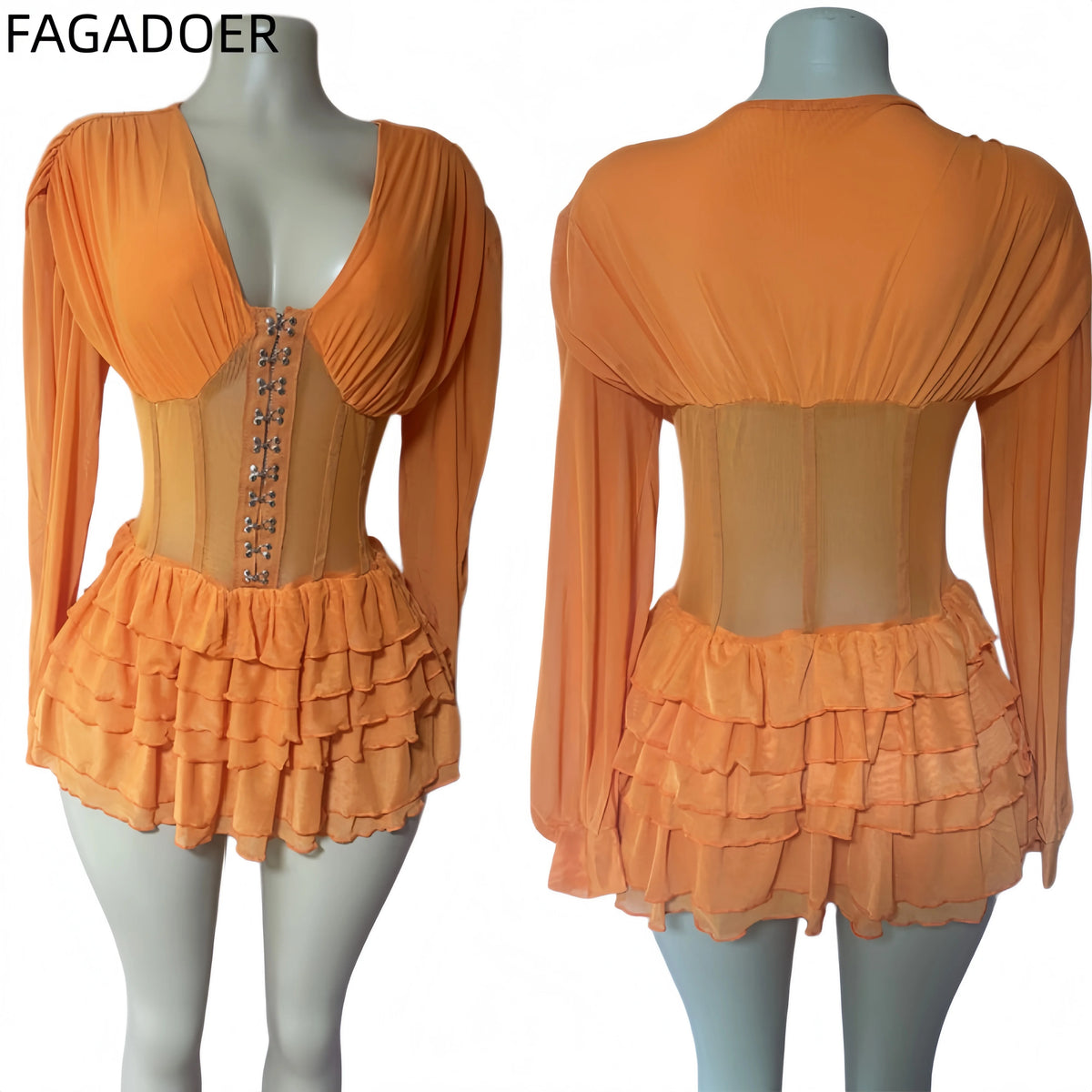 FAGADOER Sexy Mesh Ruched Patchwork Bodycon Rompers for Woman Solid Color See Through Long Sleeves Jumpsuits Female Streetwear