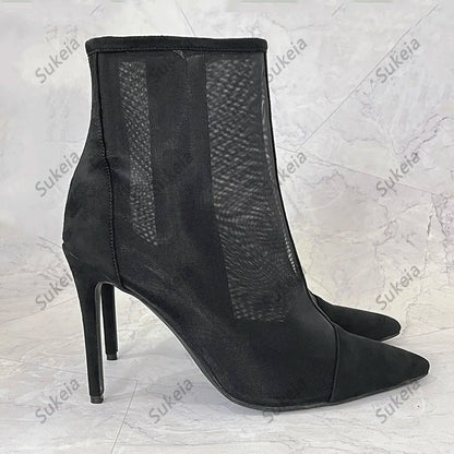 Sukeia Handmade Women Summer Ankle Boots Pointed Toe Sexy Stiletto Heels Pretty Black Casual Shoes Ladies US Plus Size 5-15