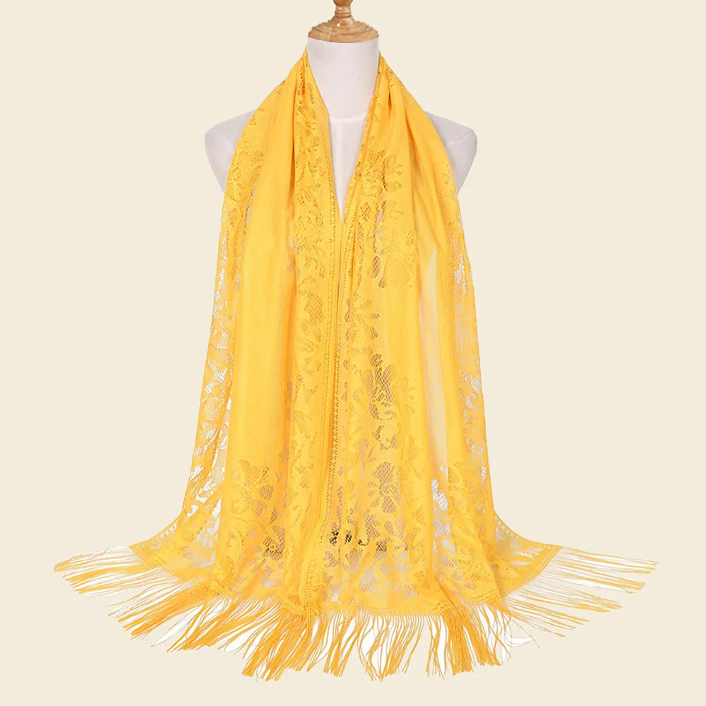 Female Breathable Floral Lace Long Scarf Tassel Fringe Shawl Wrap Flower Headscarf Muslim Hijabs Scarfs Women Headband Bandana