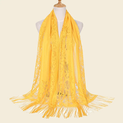 Female Breathable Floral Lace Long Scarf Tassel Fringe Shawl Wrap Flower Headscarf Muslim Hijabs Scarfs Women Headband Bandana