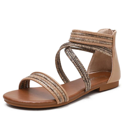 High quality leather flat sandals for women stripe zipper new summer 2026 36 42 open toe casual beach shoe black khaki brown