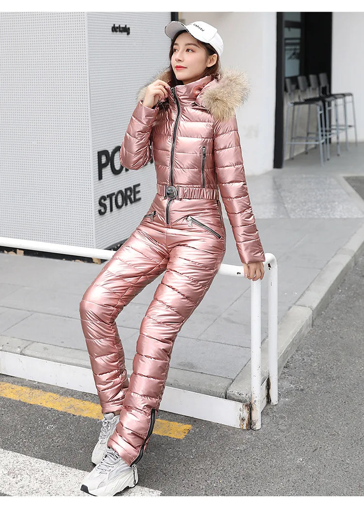 Jumpsuits One Piece Ski Suit Winter Thicken Snow Place Down Cotton Women Suits Warm Hooded Waist Slim Shiny Outdoor Sports