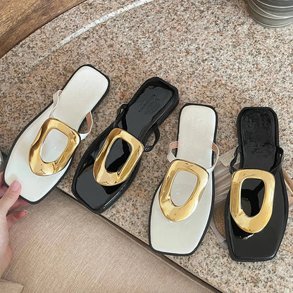 New In 2025 Luxury Women Slippers Summer Beach Fashion Metal Flip Flops Female Slides Slippers Ladies Flats Sandals Shoes