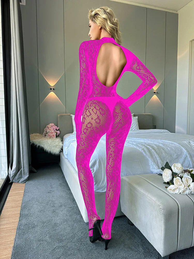 Toucheart Sexy Mesh Jumpsuit Women's Underwear Long-sleeved Jumpsuit Fishnet Top with Closed Crotch Perspective Sexy Jumpsuit