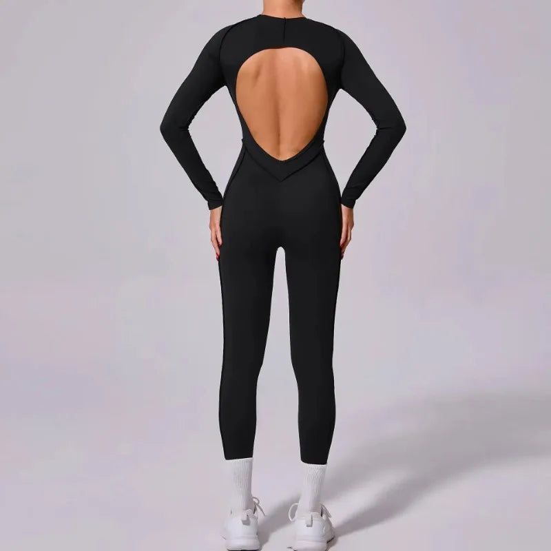 Yoga Sports Fitness Jumpsuits Sets Pants Women's Hip-lifting One-piece Open Back Long-sleeved Outdoors Workout Gym Yoga Bodysuit