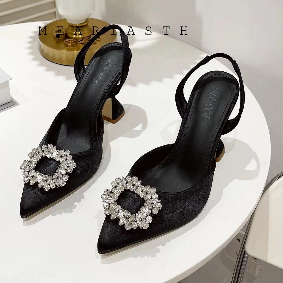 Brand Silk Women Pumps Luxury Crystal Slingback High Heels Summer Bride Shoes Comfortable triangle Heeled Party Wedding Shoes