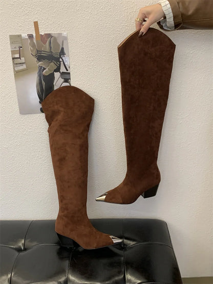 ZAROY Punk Metal Pointed Toe Knee High Boots Women Winter Retro Leopard Print Square Low Heels Pleated Western Cowboy Long Botas