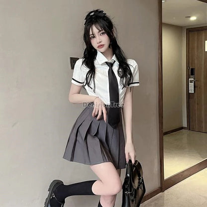2025 improved daily jk uniform summer new white short/long sleeve shirt + pleated skirt jk uniform two-piece set for women w237