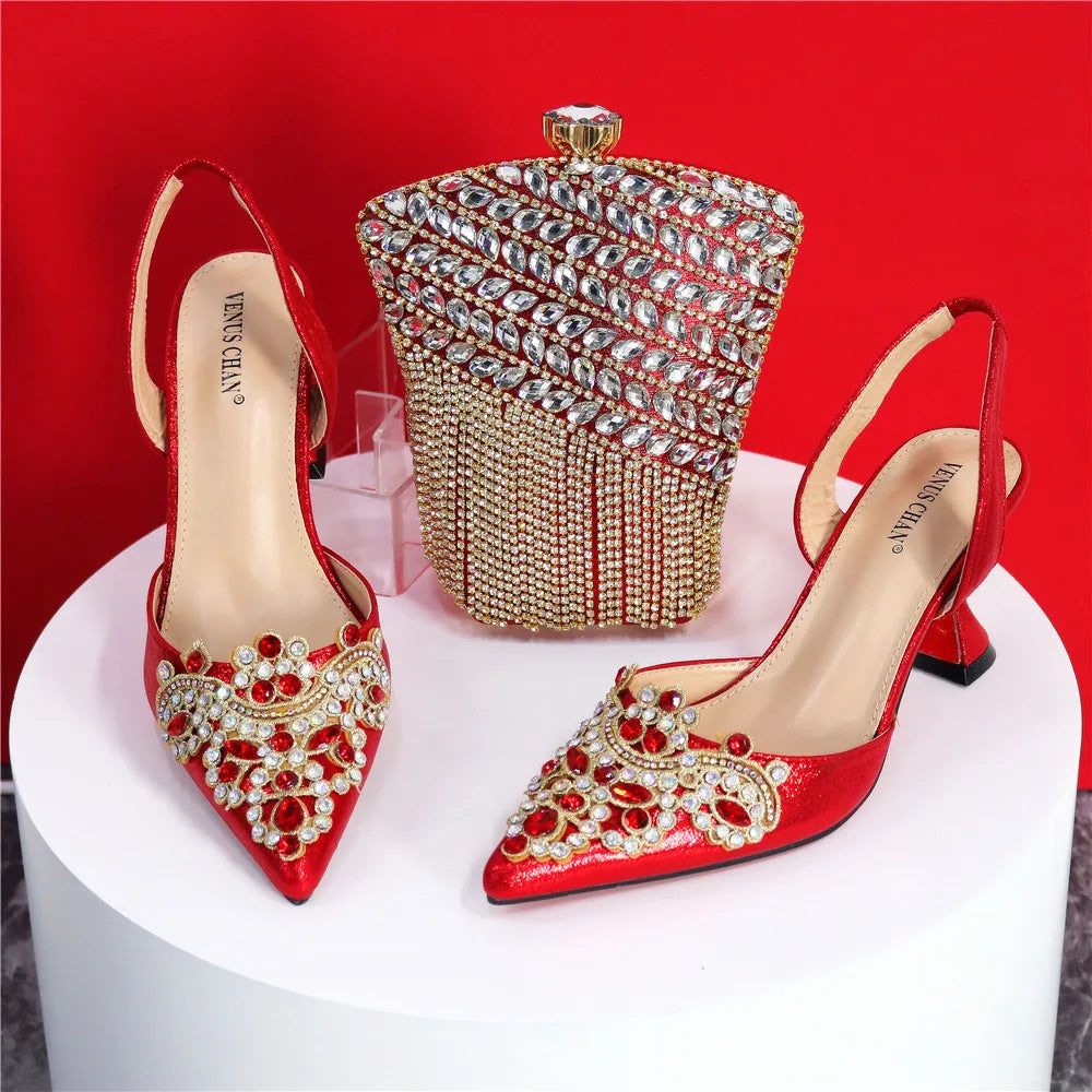 Exquisite 2024 Elegant Woman High Heels Peep Toe Shandals with Rhinestone Italian Design Shoes and Bags Set for Party