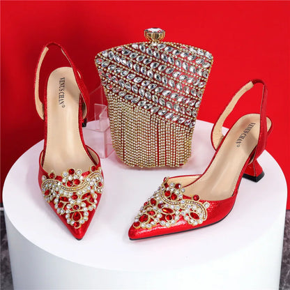 Exquisite 2024 Elegant Woman High Heels Peep Toe Shandals with Rhinestone Italian Design Shoes and Bags Set for Party