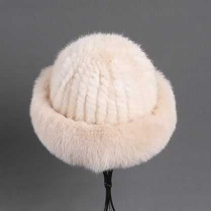 Women's Winter Warm Genuine Premuim Mink Fur Knitted Bucket Hat Furry Real Fur Caps Big Fox Fur Trim Brim Adjustable