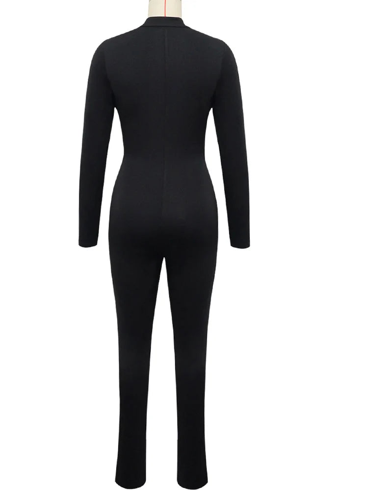 Kricesseen Sexy Hollow Out Long Sleeve Jumpsuits Women Solid Black Skinny One Piece Clubwear Birthday Party Outfits Rompers