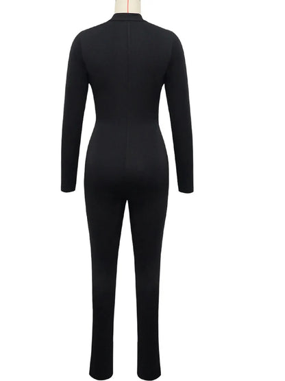 Kricesseen Sexy Hollow Out Long Sleeve Jumpsuits Women Solid Black Skinny One Piece Clubwear Birthday Party Outfits Rompers