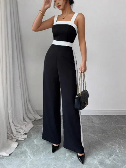 Women's Casual Black Jumpsuit White Contrast Trim Square Neck Great for City Nights Social Gatherings Fashionable Wear