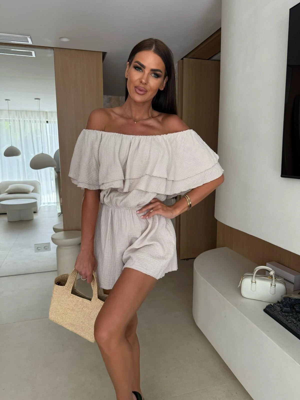 Chic Off The Shoulder Double Layer Ruffled Short Sleeve Romper With Elastic High Waist And Loose Fit Shorts Ideal For Summer Cas