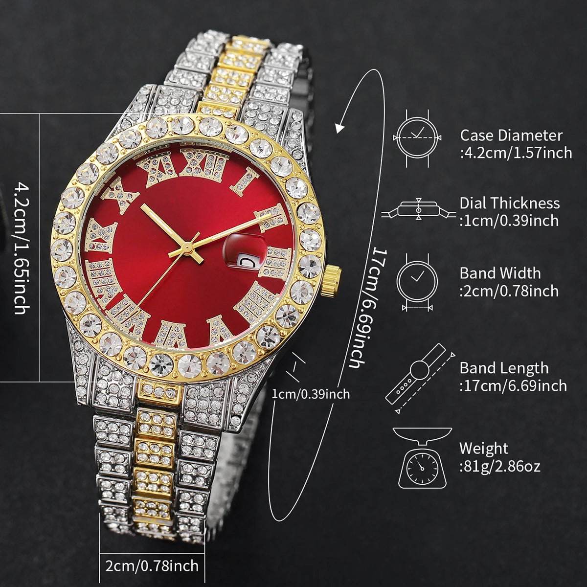 Men Iced Watch Set Red Crystal Cross Necklace Diamond Cuban Bracelet