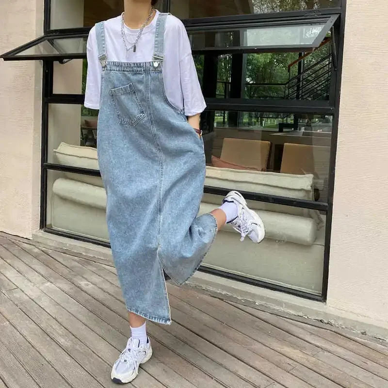 Korean style Denim Overall Dress Women Sleeveless Jeans Dresses Female Solid Slip Casual Loose Spaghetti Strap Dresses