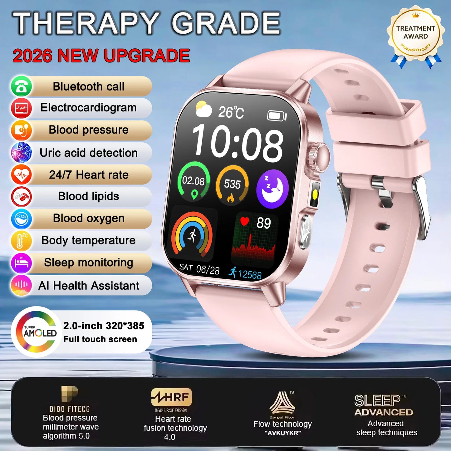 2026 New Body Analysis Health Smart Watch ECG+PPG Uric Acid Blood Pressure Blood Oxygen Clock Call AMOLED Smart Watch Men Women