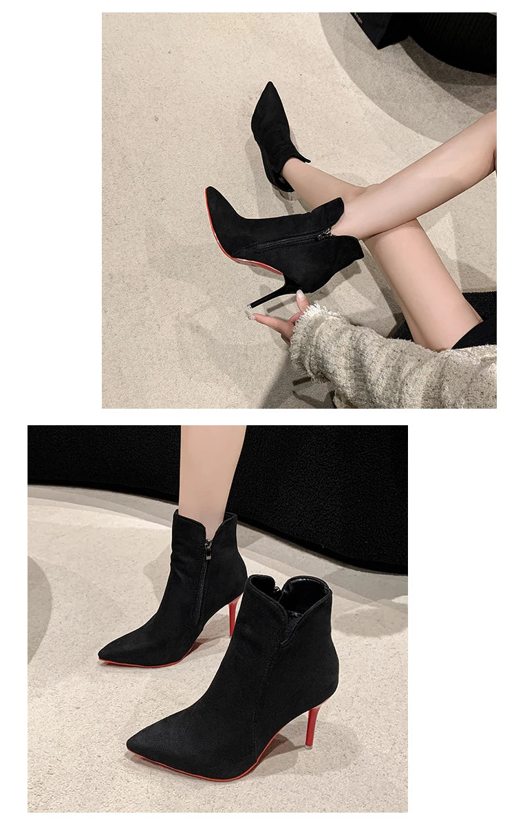 Aphixta 10cm Stilettos Winter Red Heels Zip Warm Black Ankle Boots Women Flock Footwear Shoes Women Super Big Size 47 48 49 50