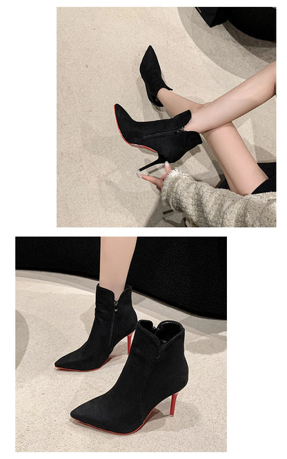Aphixta 10cm Stilettos Winter Red Heels Zip Warm Black Ankle Boots Women Flock Footwear Shoes Women Super Big Size 47 48 49 50