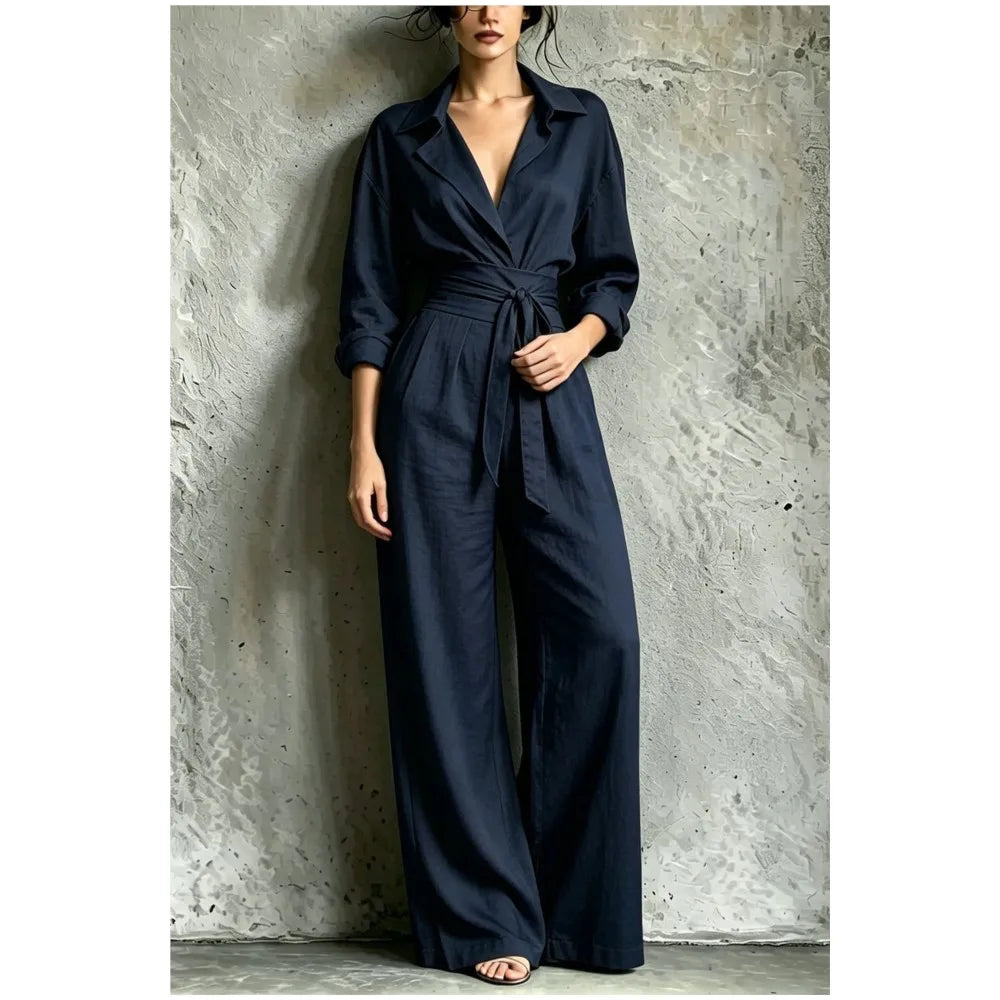 Fashion Lapel Shirt Long Sleeve Women's Jumpsuit Autumn Slim Waist Tie Loose Wide Leg Pants Pocket Female Office Rompers 2026