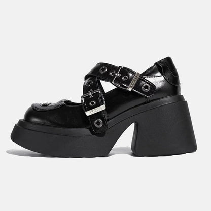 Mary Jane Shoes 2026 New Punk Metal Block Heel Platform Women's Shallow Mouth Buckle Single Shoes