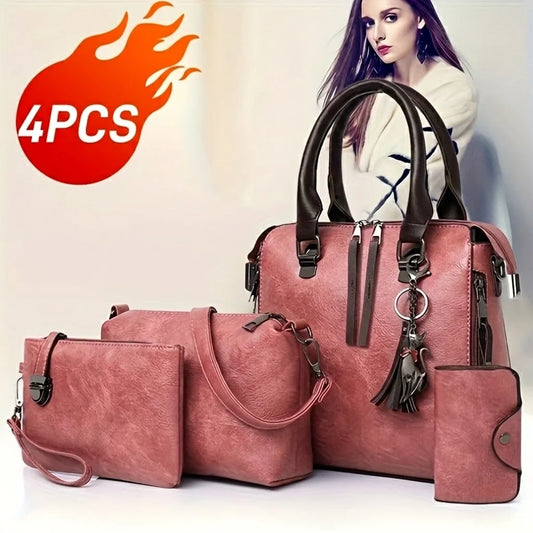 4Pcs Vintage Soft PU Leather Women Handbag Set Large Capacity Tote Shoulder Crossbody Bag Fashion Ladies Clutch Purse Card Wallet With Cute Tassel Pendant Multi Matching Bag Kit For Daily Shopping Travel Party Daily Use