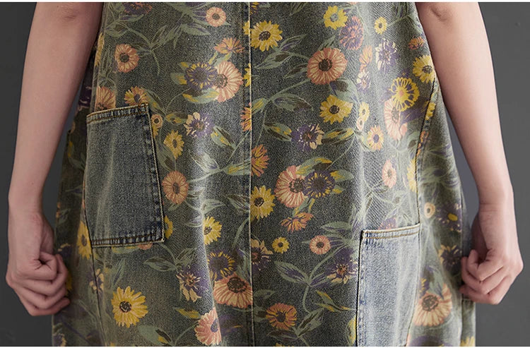 Casual Oversized Print Floral Denim Overalls For Women Loose Wide Leg Mom Jeans Rompers And Jumpsuit Cargo Straps Baggy Pants
